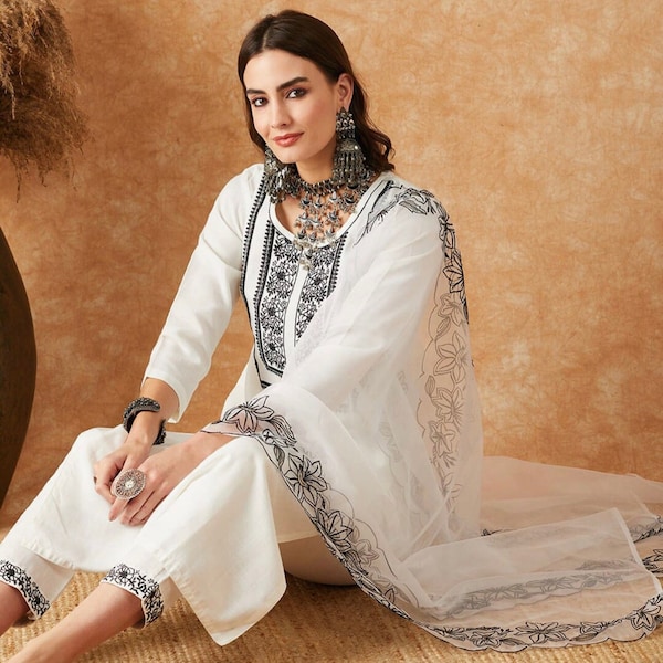 Kurta Set - White & Black Floral Yoke Design Embroidered Straight Kurta With Trouser And Dupatta - Indian Dress - Ethnic Wear - Salwar Suit