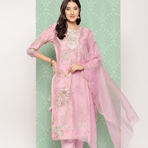 Pure Silk Kurta Set - Pink Floral Printed Regular Pure Silk Kurta With Trousers & With Dupatta - Indian Dress - Ethnic Wear - Wedding Wear