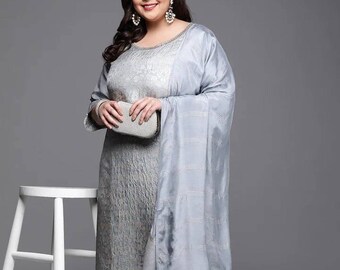 Kurta Set For Women - Grey Floral Plus Size Kurta with Palazzos & With Dupatta - Indian Dress - Wedding Dress - Ethnic Wear XS XXXL 5XL 6XL