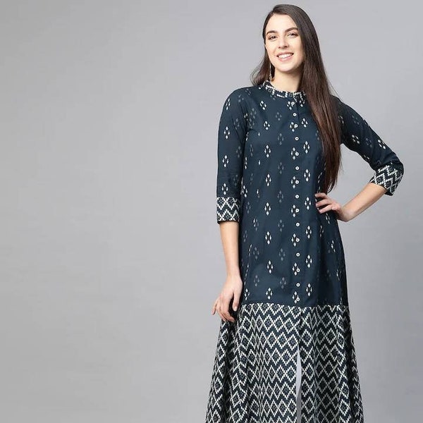 Plus Size Kurta Women - Pure Cotton Navy Blue & White Cotton Printed A-Line Kurta For Women - Indian Dress XXXL 4XL 5XL Kurtis For Women
