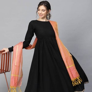 Anarkali Kurta Set - Pure Cotton Black Solid Kurta with Trousers & Dupatta - Indian Dress - Flared Anarkali Kurti Dress - Indian Wedding