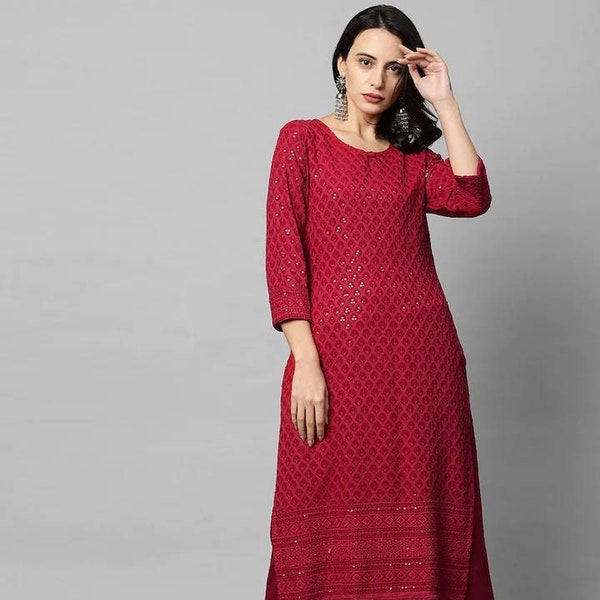 Plus Size Chikankari Kurta Women - Red Ethnic Motifs Chikankari Kurti For Women - Indian Dress XXXL 4XL 5XL 6XL Kurtis For Women - Ethnic