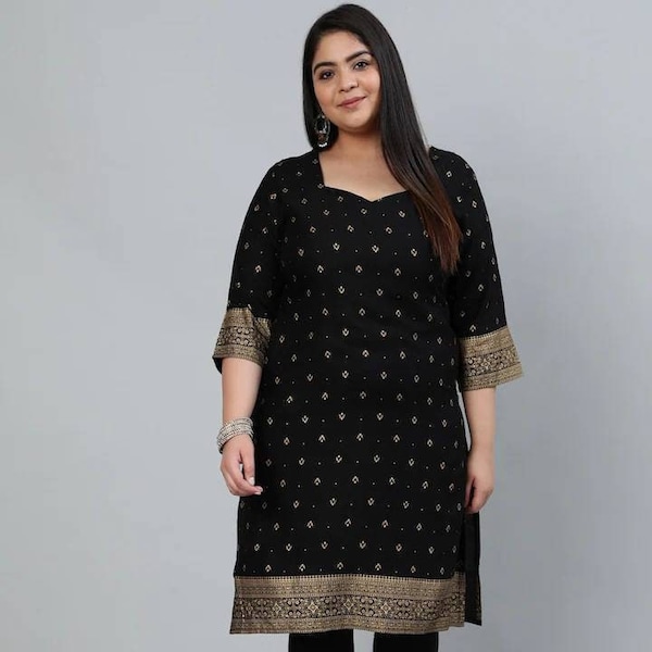 Plus Size Kurta Women - Black Ethnic Motifs Printed Kurta For Women - Indian Dress XXXL 4XL 5XL 6XL 7XL Kurtis For Women - Indian Tunic