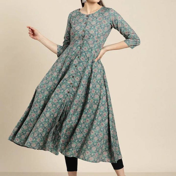 Anarkali Kurta Dress - Pure Cotton Green & Blue Floral Printed Anarkali Kurta For Women - Indian Dress - Kurtis For Women - Flared Dress