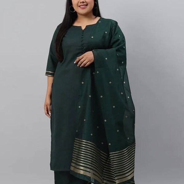 Plus Size Kurta Set - Pure Cotton Green Solid Kurta with Trousers & Dupatta - Indian Dress XXXL 3XL 4XL 5XL 6XL Indian Wedding / Party Wear