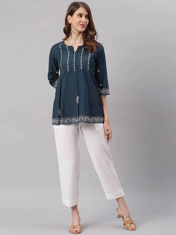 Buy Short Kurti Navy Blue & White Embroidered Cotton Tunic for Women Indian  Tunic Summer Tops and Tee's Tops for Women Indian Dress Online in India 