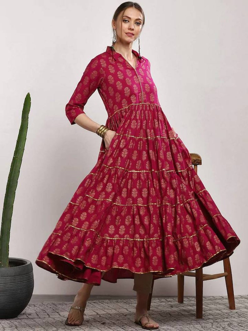 Indian Dress Anarkali Kurta For Women Ethnic Wear Pure Cotton Pink Printed Tiered Anarkali Kurti Gotta Patti Anarkali Kurtis Women
