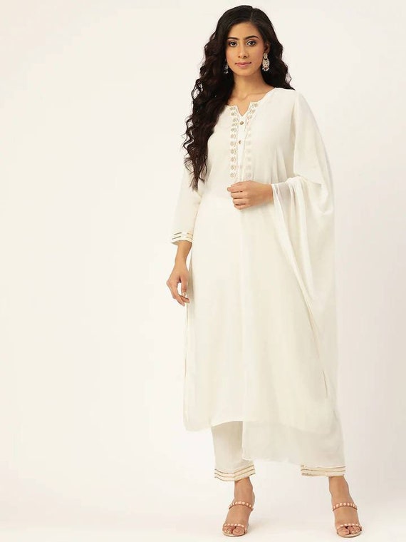 Buy Women's Cotton Fabric Chicken Embroidery Kurta and Pent(Off-White  Color) (Medium) at Amazon.in