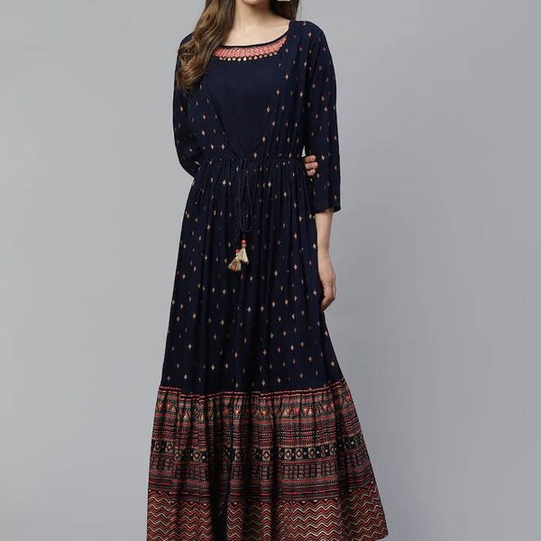 Plus Size Kurta Women - Navy Blue & Golden Printed Layered A-Line Kurta For Women - Indian Dress XXXL 3XL 4XL 5XL 6XL 7XL Kurtis For Women