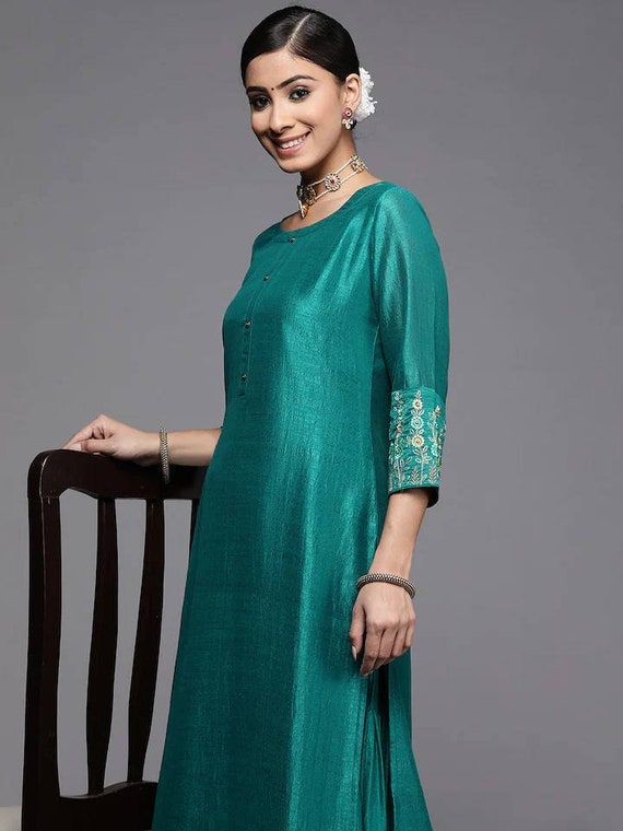 Trendmalls Women's Silk Embroidered Flared Dark Green Festive Casual  Premium Kurtis - Trendmalls - 4173507