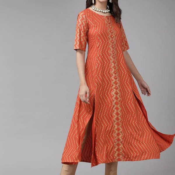 Plus Size / Small Size Orange & Golden Geometric Foil Printed Kurta For Women XXXL 3XL 4XL 5XL Indian Dress - Wedding / Party - Kurti Women