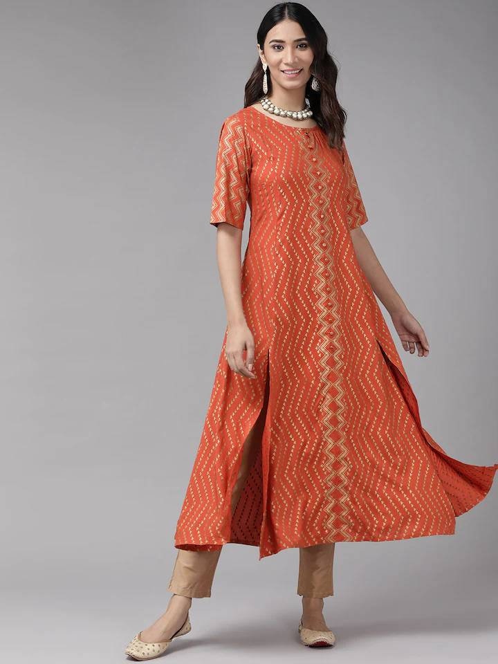 Orange Striped Sleeveless Kurti