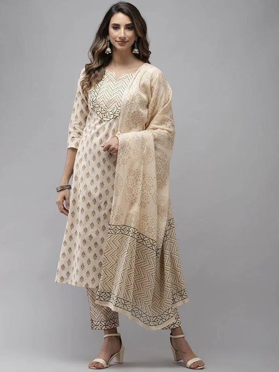 Kurta Set Beige & Green Ethnic Motifs Printed Cotton Kurta With