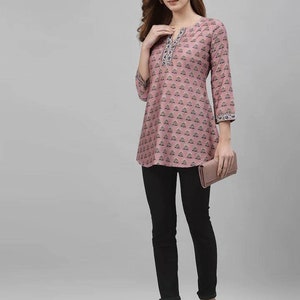 Indian Tunic Pink Floral Printed Tunic For Women Tops For Women Summer Tops & Tee's Ethnic Wear Short Kurti For Women Boho Top image 5