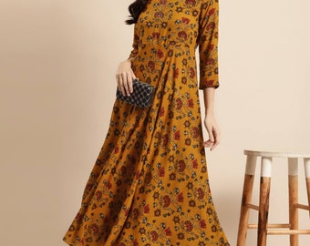 Ethnic Dress - Mustard Yellow & Maroon Floral Liva Ethnic A-Line Maxi Dress For Women - Indian Dress - Boho Dress - Anarkali Kurta - Kurti