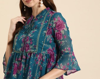 Ethnisches Top - Grün & Pink A-Linie Floral bedruckter Tie-Up Neck Kurti für Frauen - Kurze Kurta - Indische Tunika - Sommer Tops für Frauen - Boho Tops