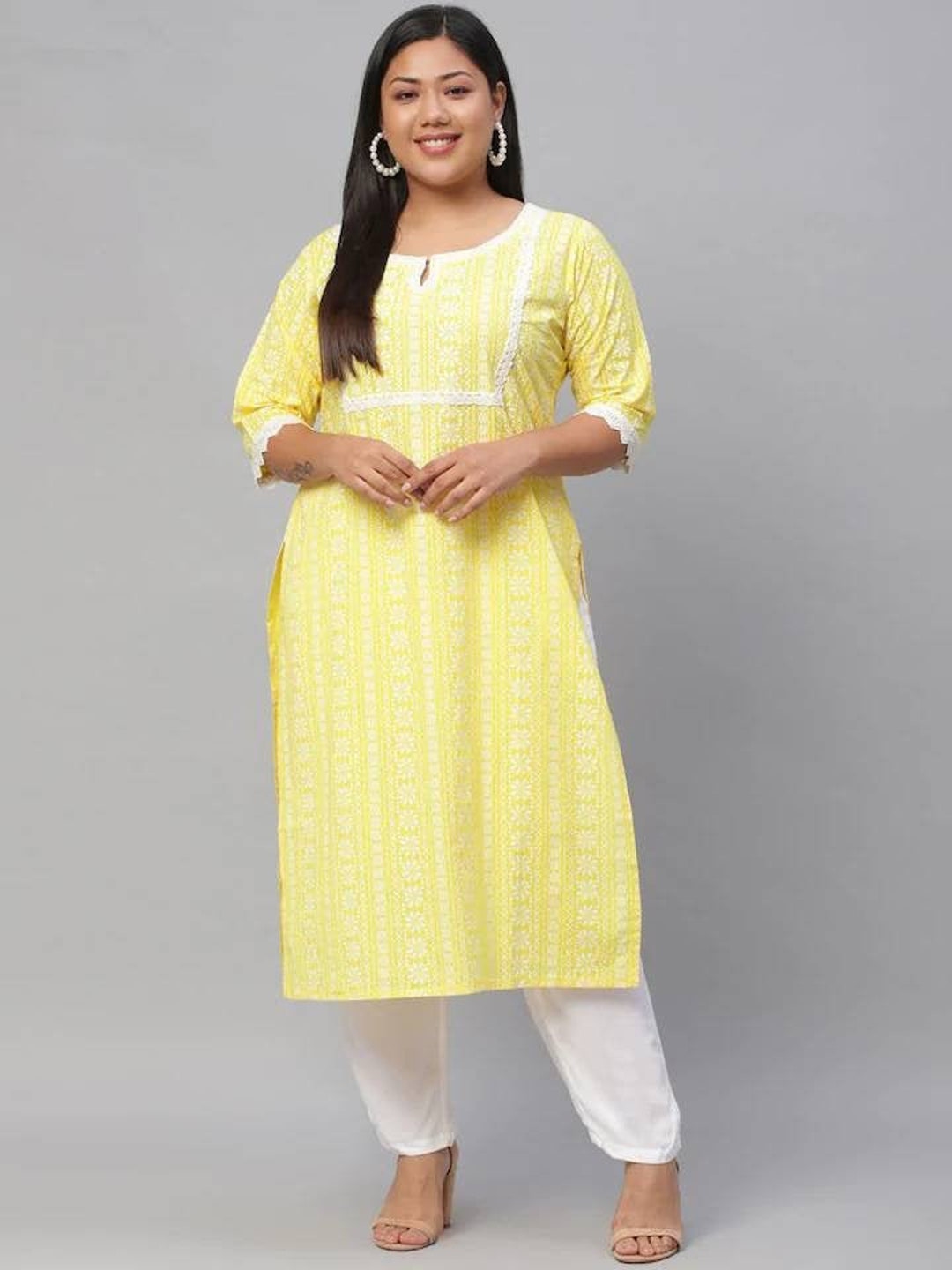 Plus Size Yellow Printed Cotton Straight Kurta With Skirt & Dupatta