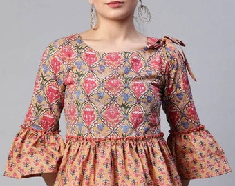 Indian Tunic - Mustard Yellow & Pink 100% Cotton Floral Print Peplum Top For Women - Tunics For Women - Summer Tops , Tee's - Short Kurti