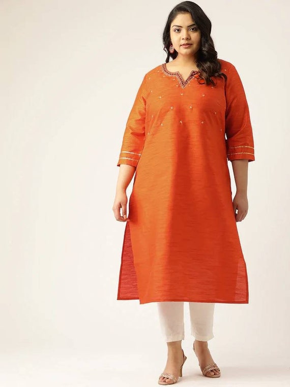 Plus Size Kurta Women Orange Yoke Design Straight Kurta For | Etsy