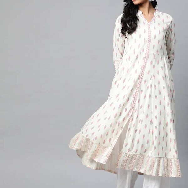 Plus Size Anarkali Kurta - Off White & Pink Geometric Printed Anarkali Kurta For Women - Indian Dress XXXL 3XL 4XL 5XL 6XL Kurtis For Women