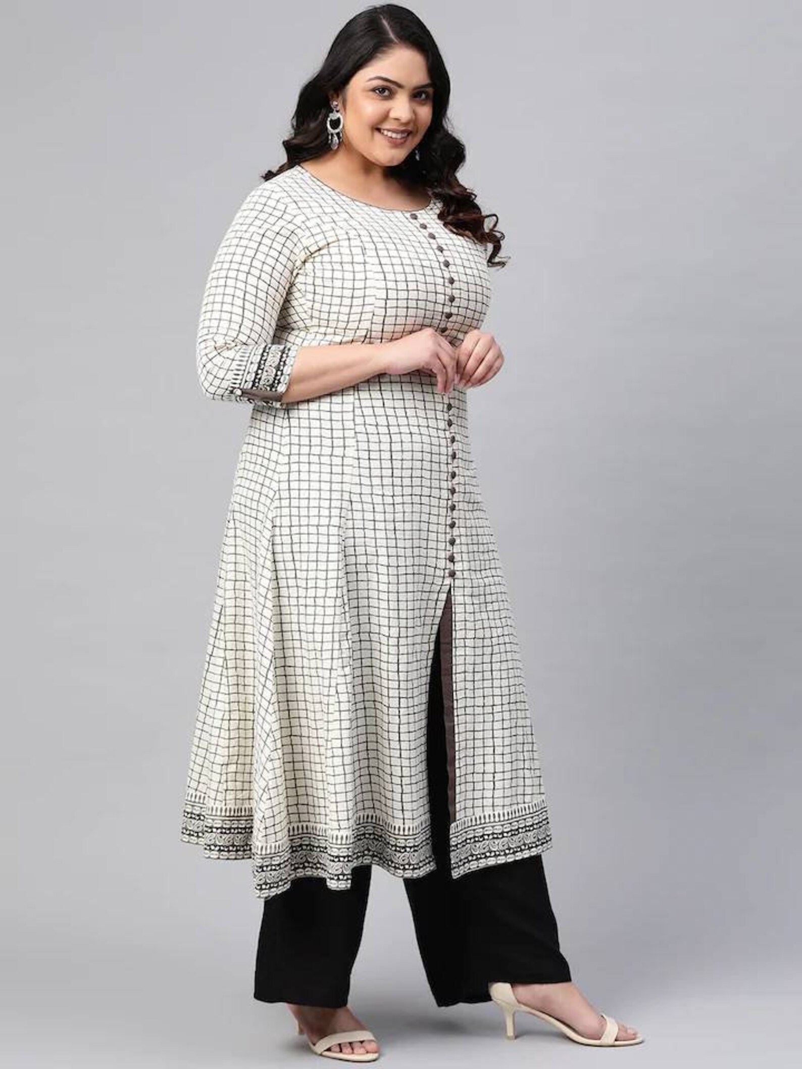 Kurta Women Plus Size Women Off-white & Grey Checked A-line - Etsy