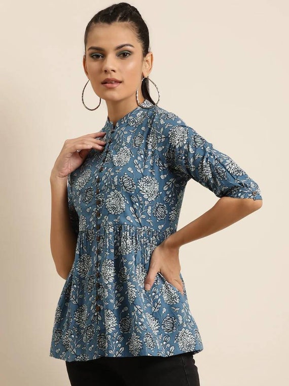 Tunic for Women Blue & White Floral Printed Mandarin Collar Pure Cotton  A-line Top for Women Indian Tunic Ethnic Summer Tops and Tees - Etsy