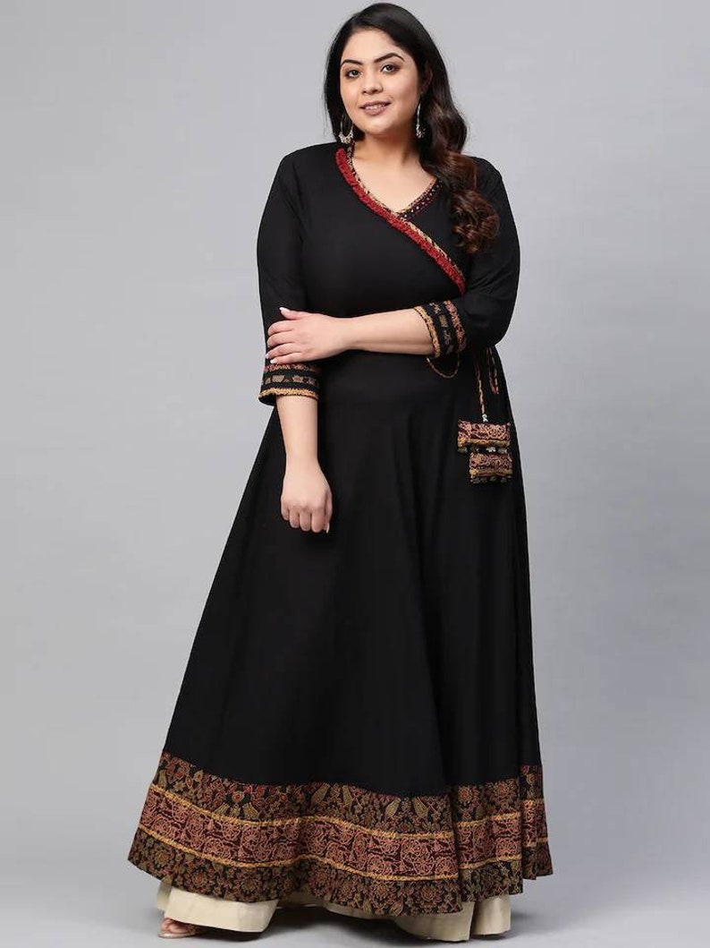 plus-size-kurta-for-women-black-solid-anarkali-angrakha-etsy