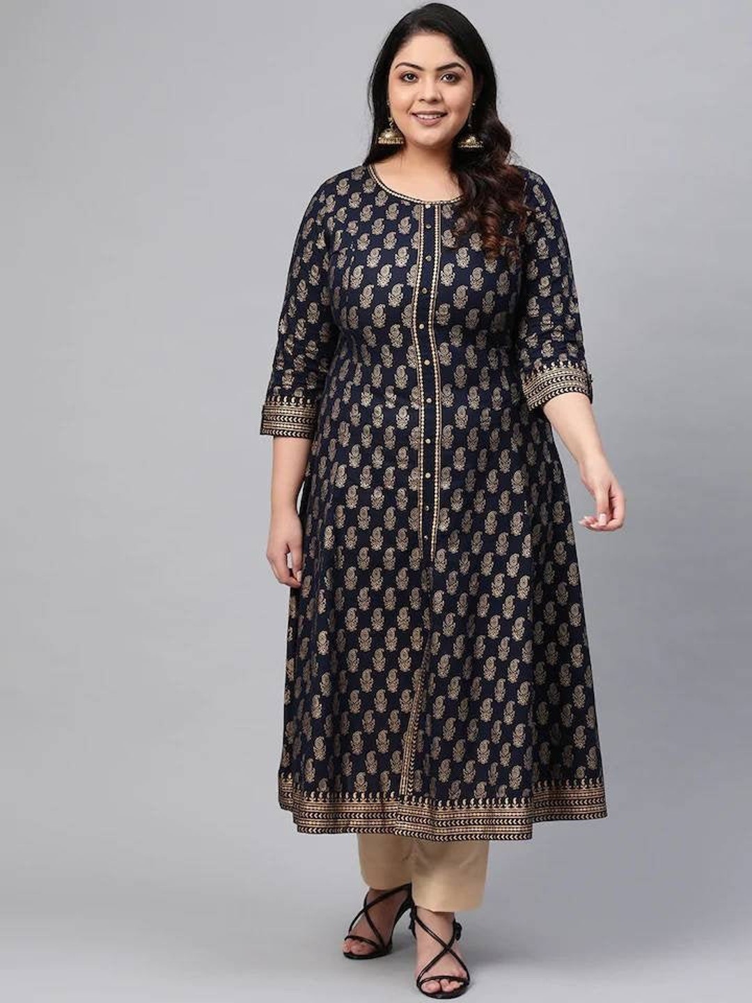 Plus Size Kurta for Women Navy Blue & Golden Printed A-line Kurta for ...