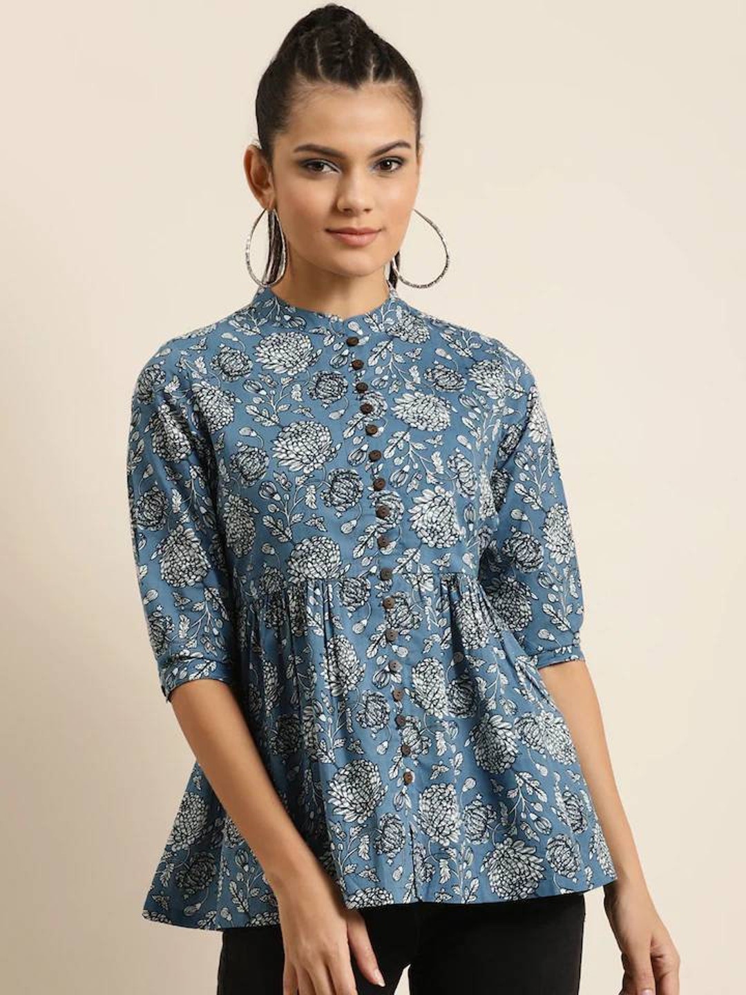 Tunic for Women Blue & White Floral Printed Mandarin Collar Pure Cotton  A-line Top for Women Indian Tunic Ethnic Summer Tops and Tees - Etsy
