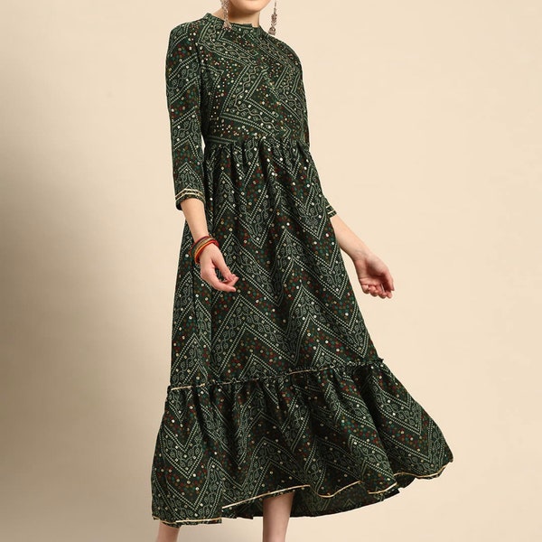 Robe longue - Robe longue verte ajustée et évasée à motifs ethniques pour femme - Robe de maternité - Robe indienne - Mariage / Soirée / Tenue décontractée - Bohème