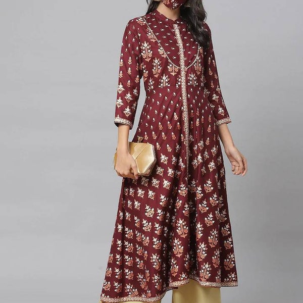 Plus Size / Small Size Anarkali Kurta Women - Burgundy & Orange Printed Anarkali Kurta with Mask XS XXXL 3XL 4XL 5XL Ethnic Kurtis For Women