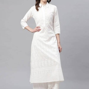 Plus Size Kurta Set - Pure Cotton White Printed Shirt Kurta with Palazzos - Indian Dress XXXL 3XL 4XL 5XL 6XL 7XL Salwar Kameez Women's Plus