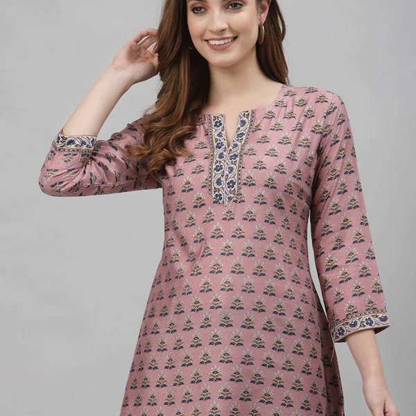 Indian Tunic - Pink Floral Printed Tunic For Women - Tops For Women - Summer Tops & Tee's - Ethnic Wear - Short Kurti For Women - Boho Top