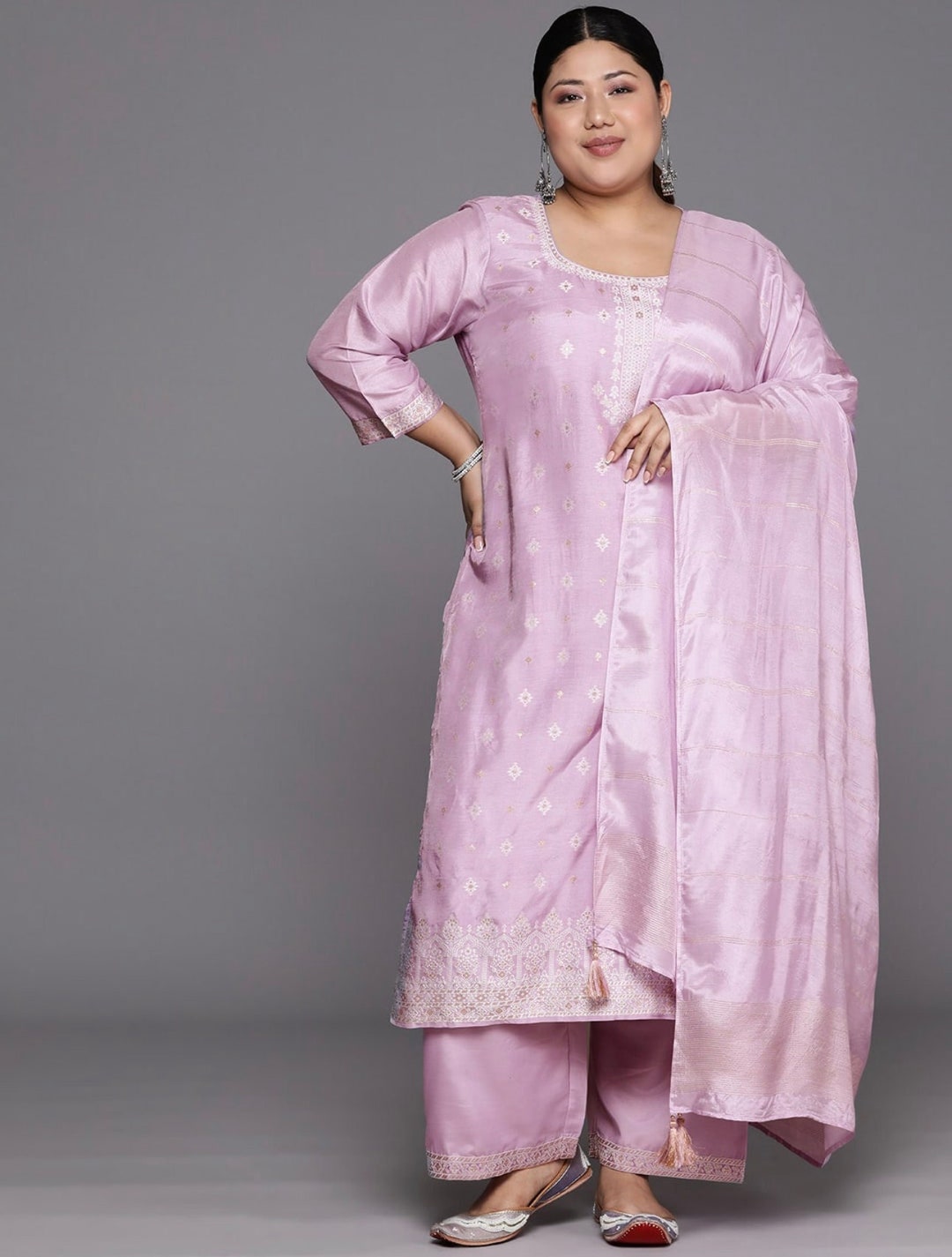 Russian Silk Jacquard Kurta Pant Dupatta Set with Chinon Dupatta – Plus Sizes XL to 3XL