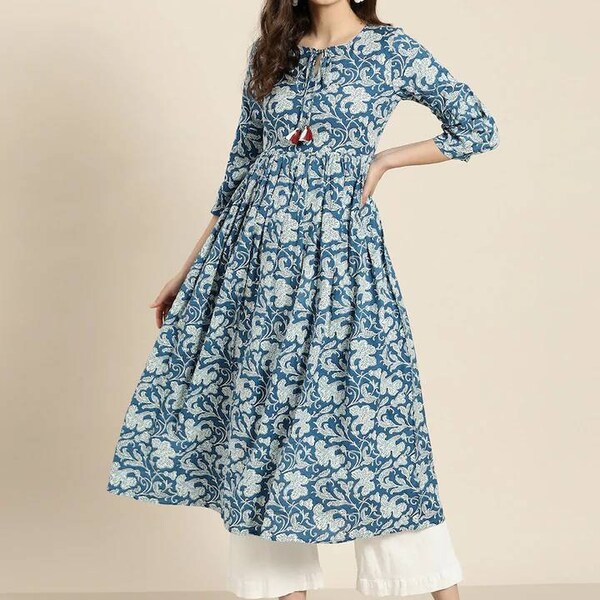 Anarkali Kurta Femme - Bleu & Blanc Cassé Imprimé Anarkali Kurta Pour Femme - Robe Indienne - Kurtis Pour Femme - Haut Kurta Évasé - Tunique Indienne