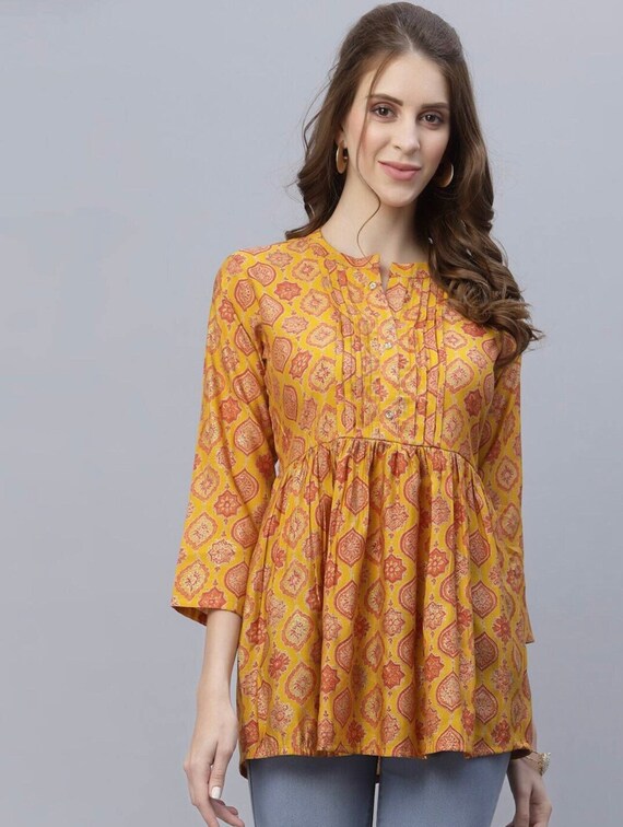 yellow short kurti with bandhani print patiala salwar - silverthread -  3167226
