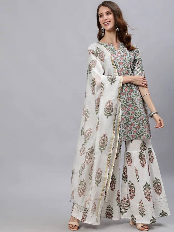 Kurta Sharara Set Blue Green Floral Printed Pure Cotton Kurti