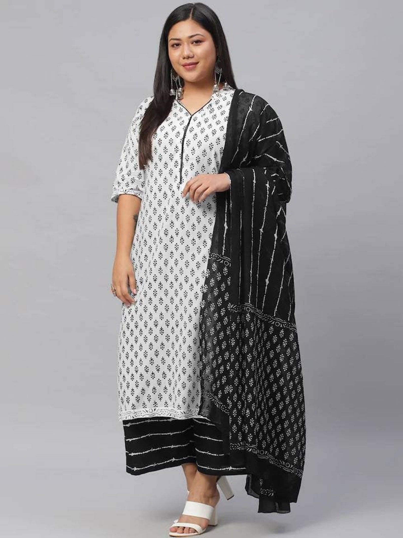 Plus Size Kurta Set Pure Cotton Women White & Black Printed - Etsy UK