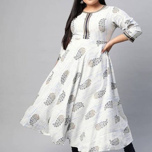 Plus Size Anarkali Kurta Women - White & Blue Ethnic Motifs Printed Anarkali Kurta For Women - Ethnic Indian Dress XXXL 4XL 5XL Kurtis Women