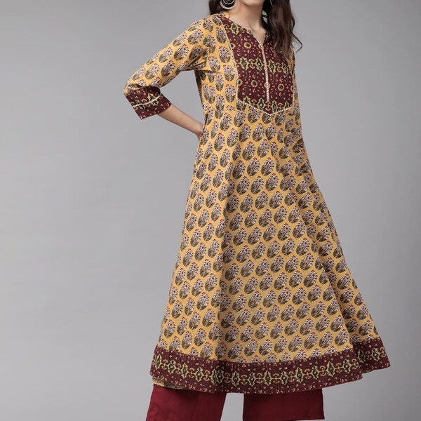 Anarkali Kurti - Pur Coton Beige & Bordeaux Motifs Ethniques Imprimés Anarkali Kurta Pour Femme - Robe Indienne - Robe Maxi - Robe Midi Boho