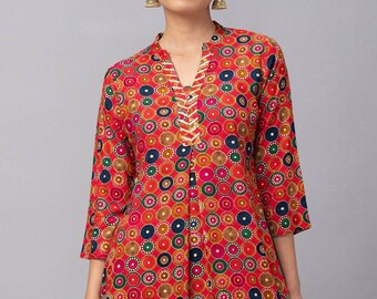 Kurti For Women - Red & Blue Viscose Rayon Mandarin Collar Printed Tunic For Women - Indian Tunic - Ethnic Summer Tops - Casual / Party Wear