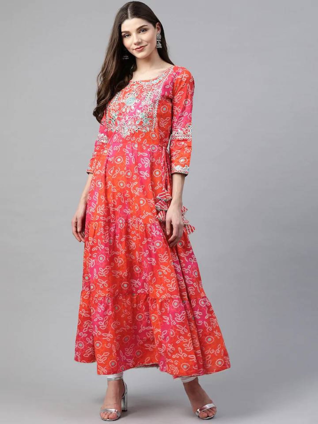 Plus Size Anarkali Kurta Women Pure Cotton Pink & Orange Mirror Work ...