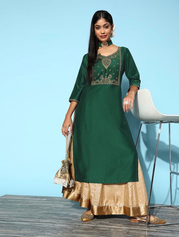 Indian Dress Bright Green Silk Hyper Texture Kurta for Women