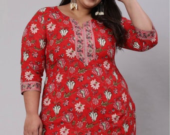 Indian Kurti - Plus Size Rot & Rosa Bedruckte Reine Baumwolle Gerade Tunika Für Frauen - Kurze Kurtis Für Frauen - Kurze Kurta - Sommer Ethno Top