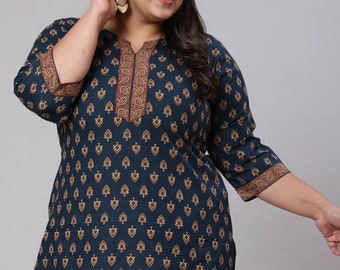 Navy Blue & Brown Printed Pure Cotton Plus Size Tunic For Women - Summer Tops For Women - Indian Tunic XXXL 3XL 4XL 5XL 6XL 7XL Ethnic Tops