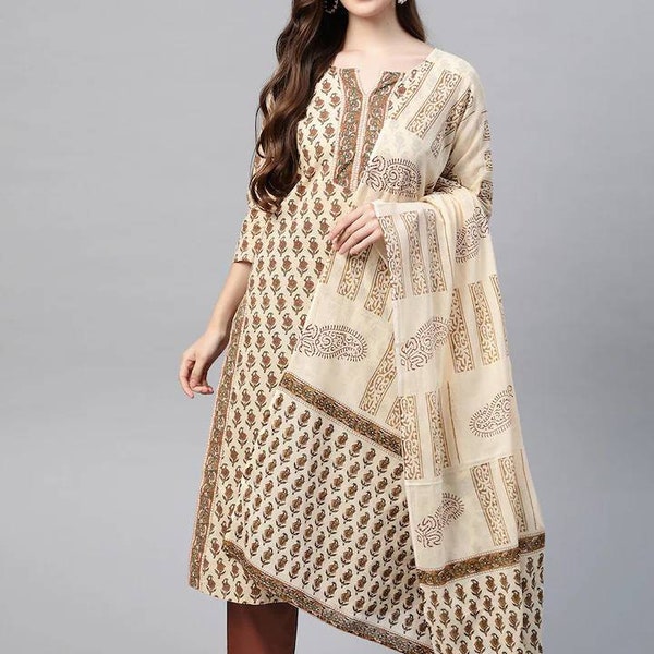 Kurta Set Pour Femmes - Motifs Ethniques Beiges Imprimé Pur Coton Kurta avec Pantalon & Dupatta - Robe Indienne - Hand Block Print Salwar Kamiz