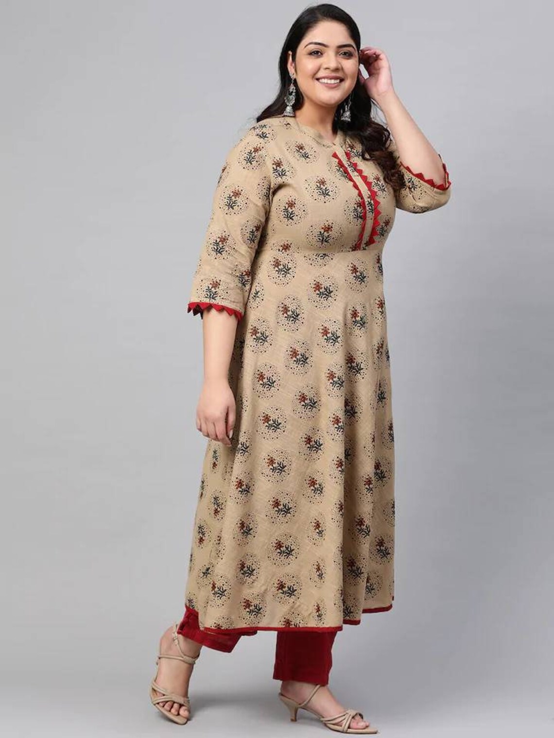Plus Size Kurta For Women Beige & Green Ethnic Motifs ALine Etsy
