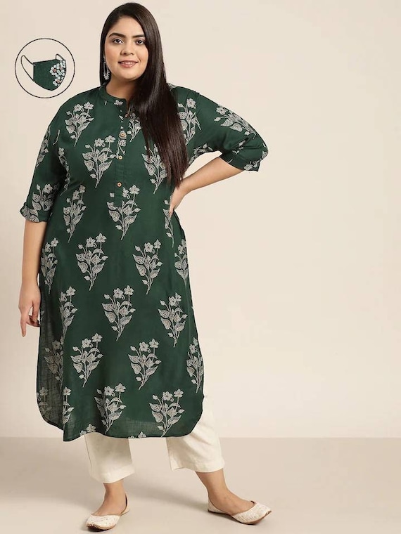 Plus Size Kurta Women Green & off White Bandhani Printed Kurta