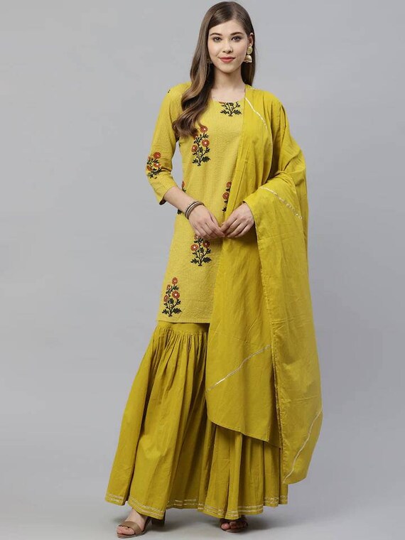 Plus Size Kurti With Sharara u0026 Dupatta Pure Cotton Mustard - Etsy