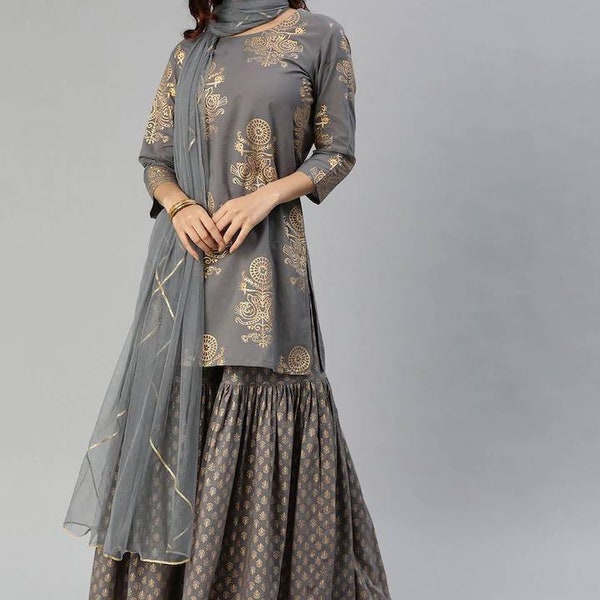 Plus Size Kurta Set For Women - Grey & Gold-Coloured Foil Printed Kurta with Sharara And Dupatta - Ethnic Indian Dress XXXL 4XL 5XL 6XL 7XL